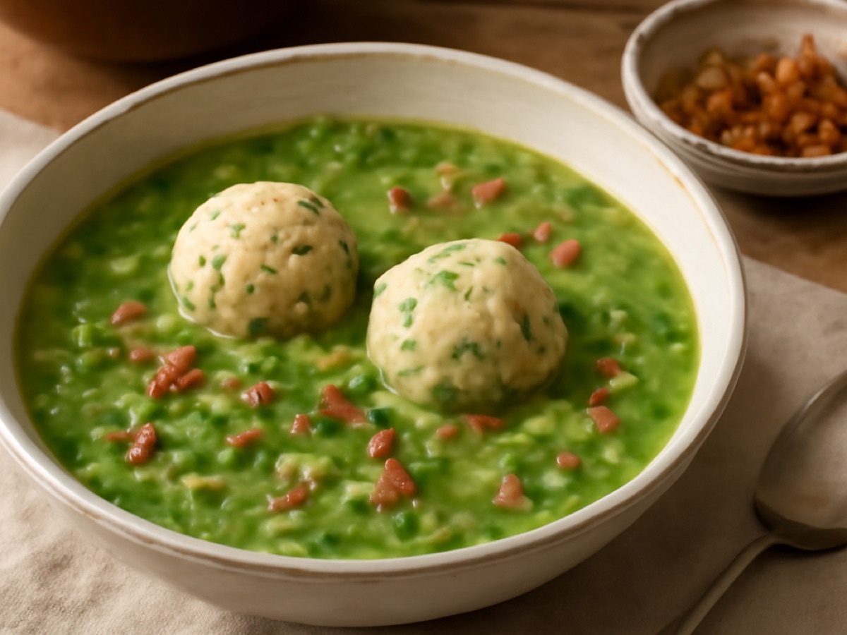 Grüne Erbsensuppe mit Speck und Semmelknödeln