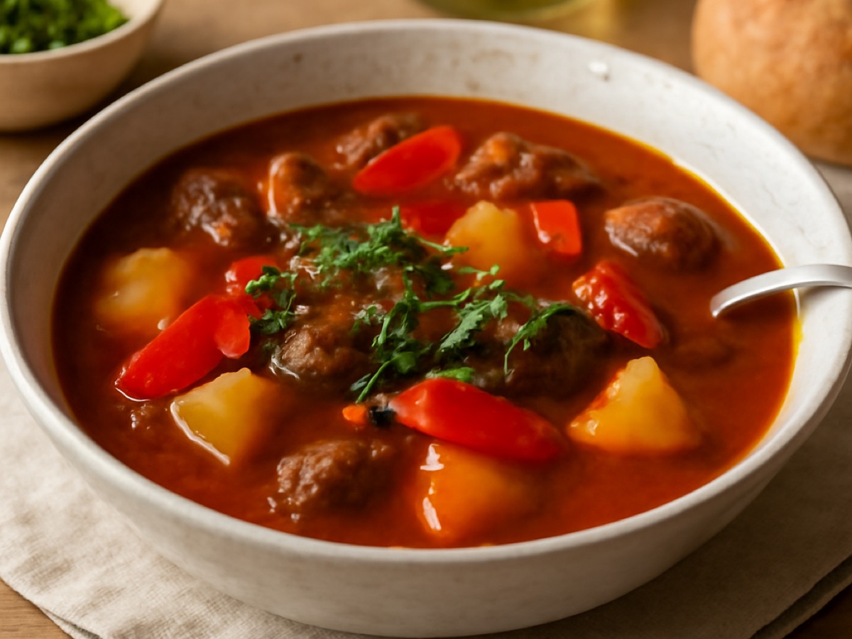 Gulaschsuppe nach polnischer Art mit Paprika und Kartoffeln
