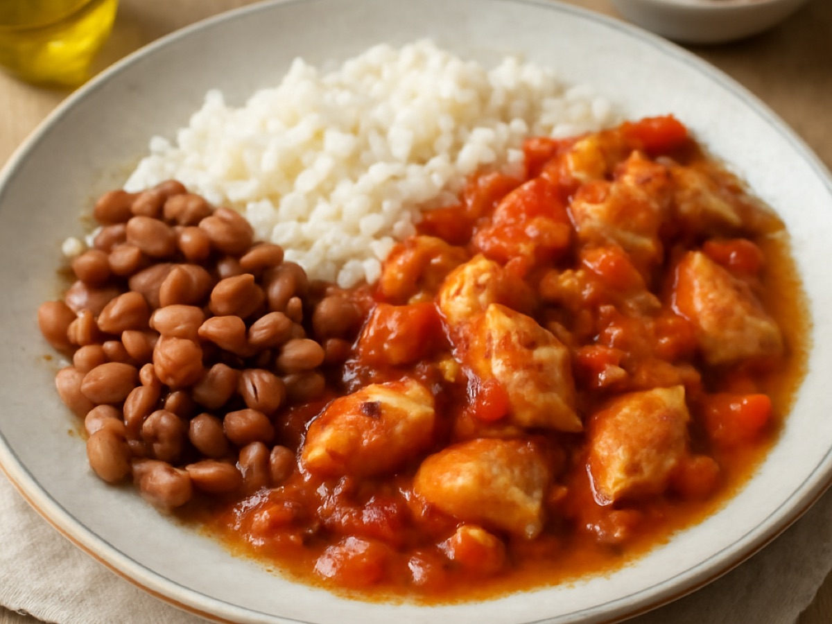 Hähnchen-Tinga mit Reis und Bohnen