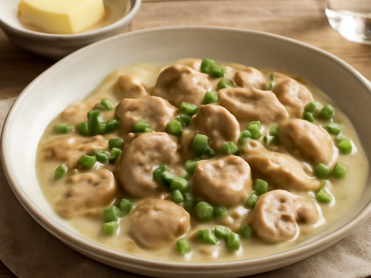 Hähnchenfrikassee mit Champignons und Erbsen