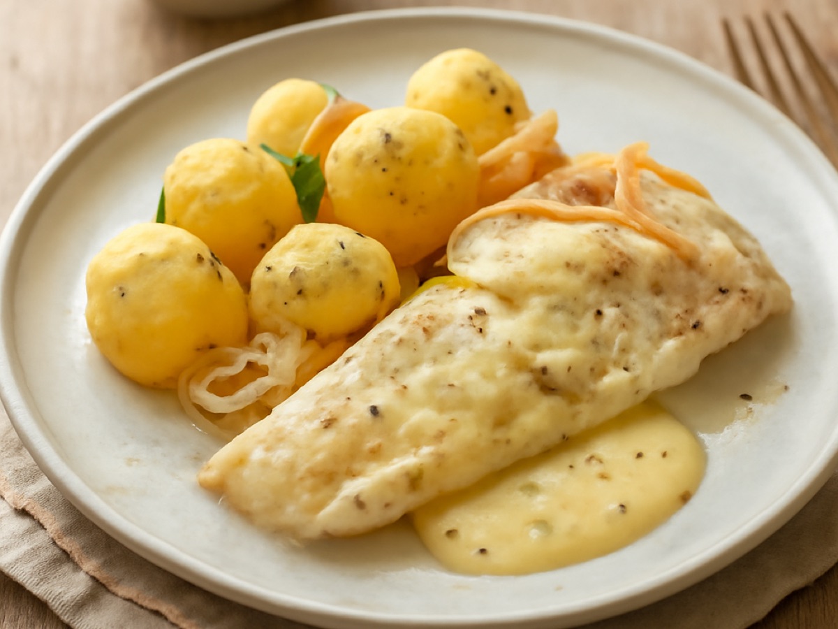 Hamburger Pannfisch mit Senfsauce und Kartoffeln