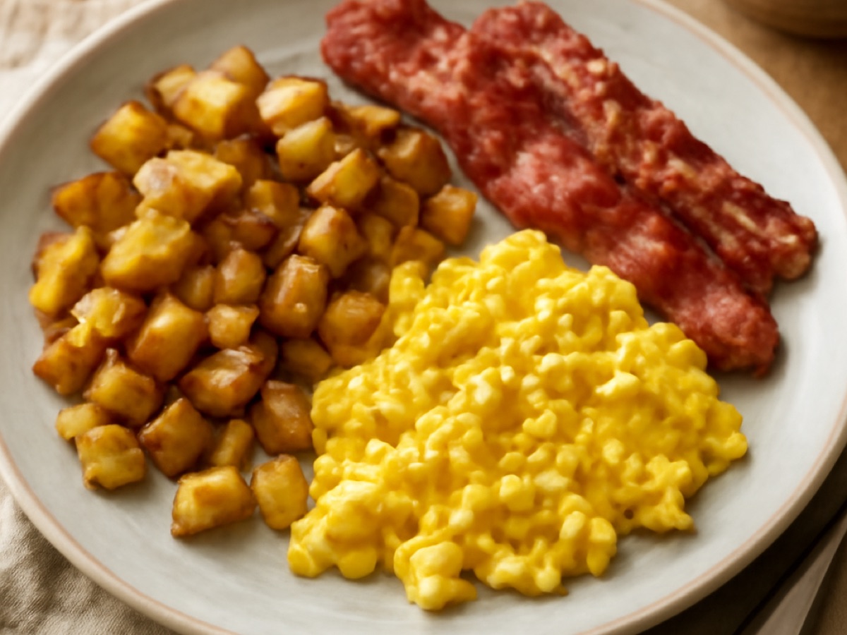 Herzhaftes American Breakfast mit Rührei, Bratkartoffeln und gebratenem Speck