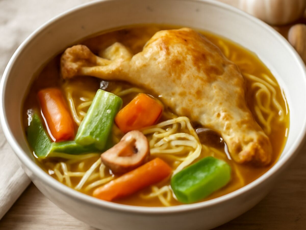 Japanische Ramen-Brühe mit Huhn und Gemüse