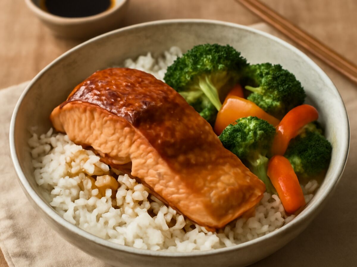 Japanischer Donburi mit gebratenem Lachs und Gemüse