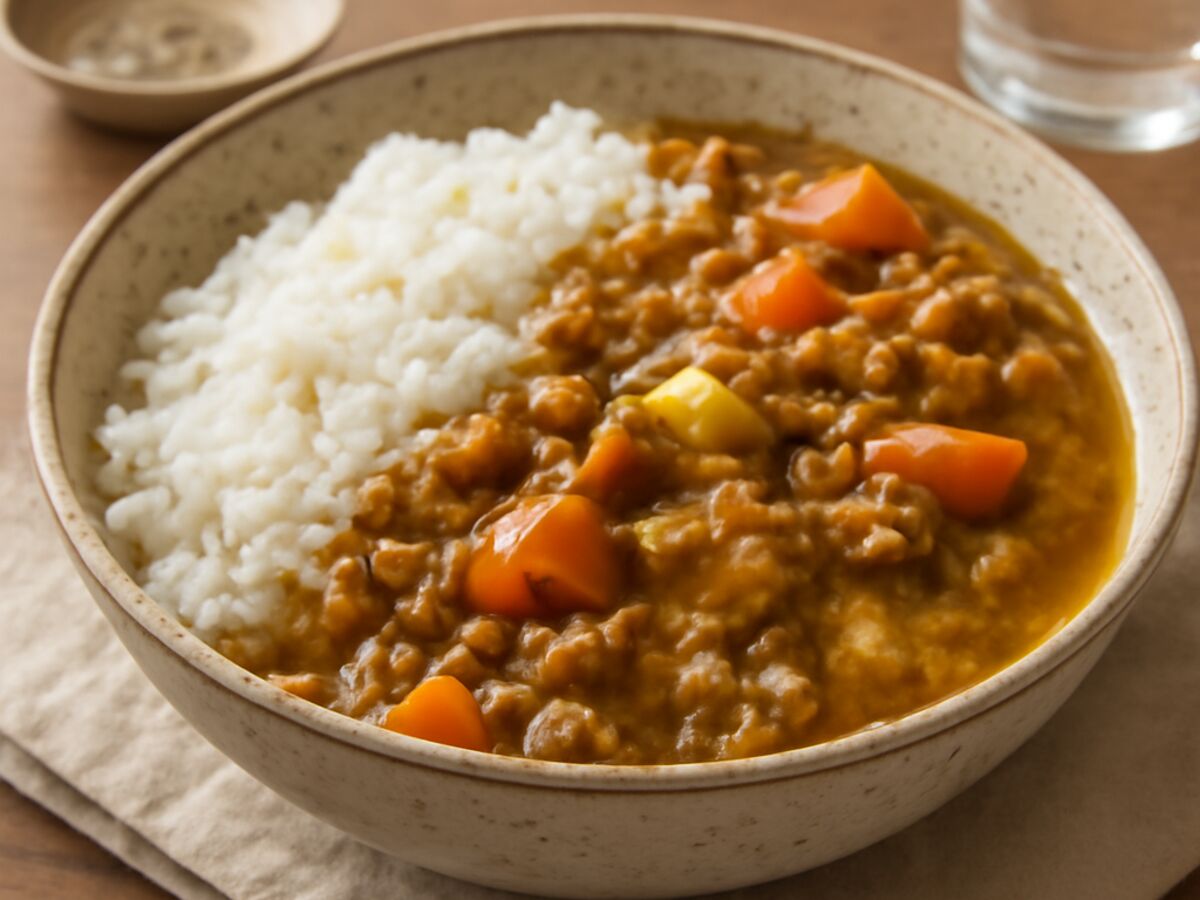 Japanisches Curry-Donburi mit Hackfleisch und Gemüse aus dem Mixtopf