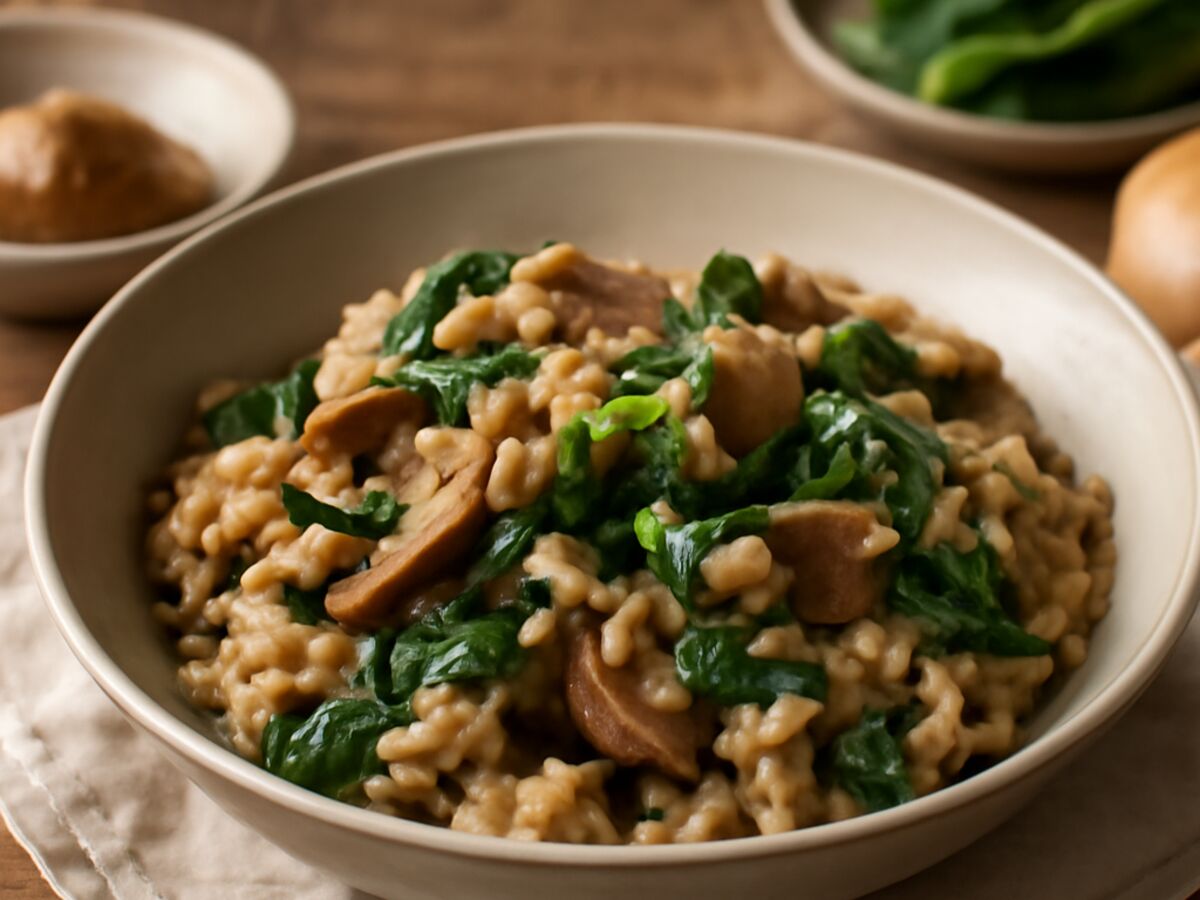 Japanisches Miso-Risotto mit Pilzen und Spinat