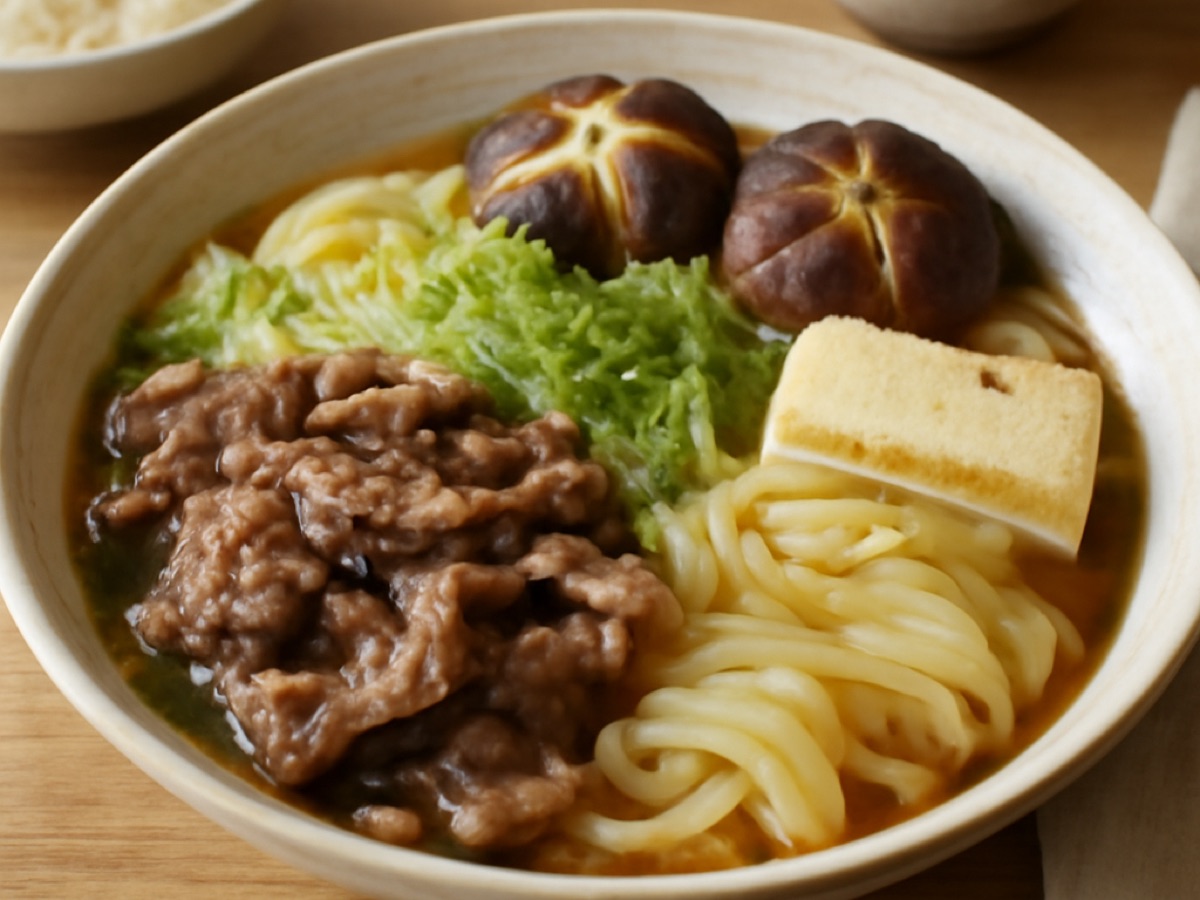 Japanisches Sukiyaki mit Rindfleisch und Gemüse