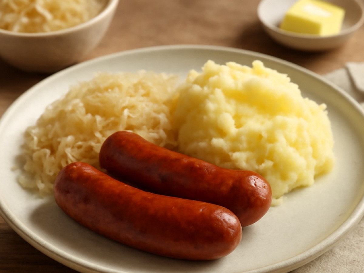 Käsekrainer mit Sauerkraut und Kartoffelpüree