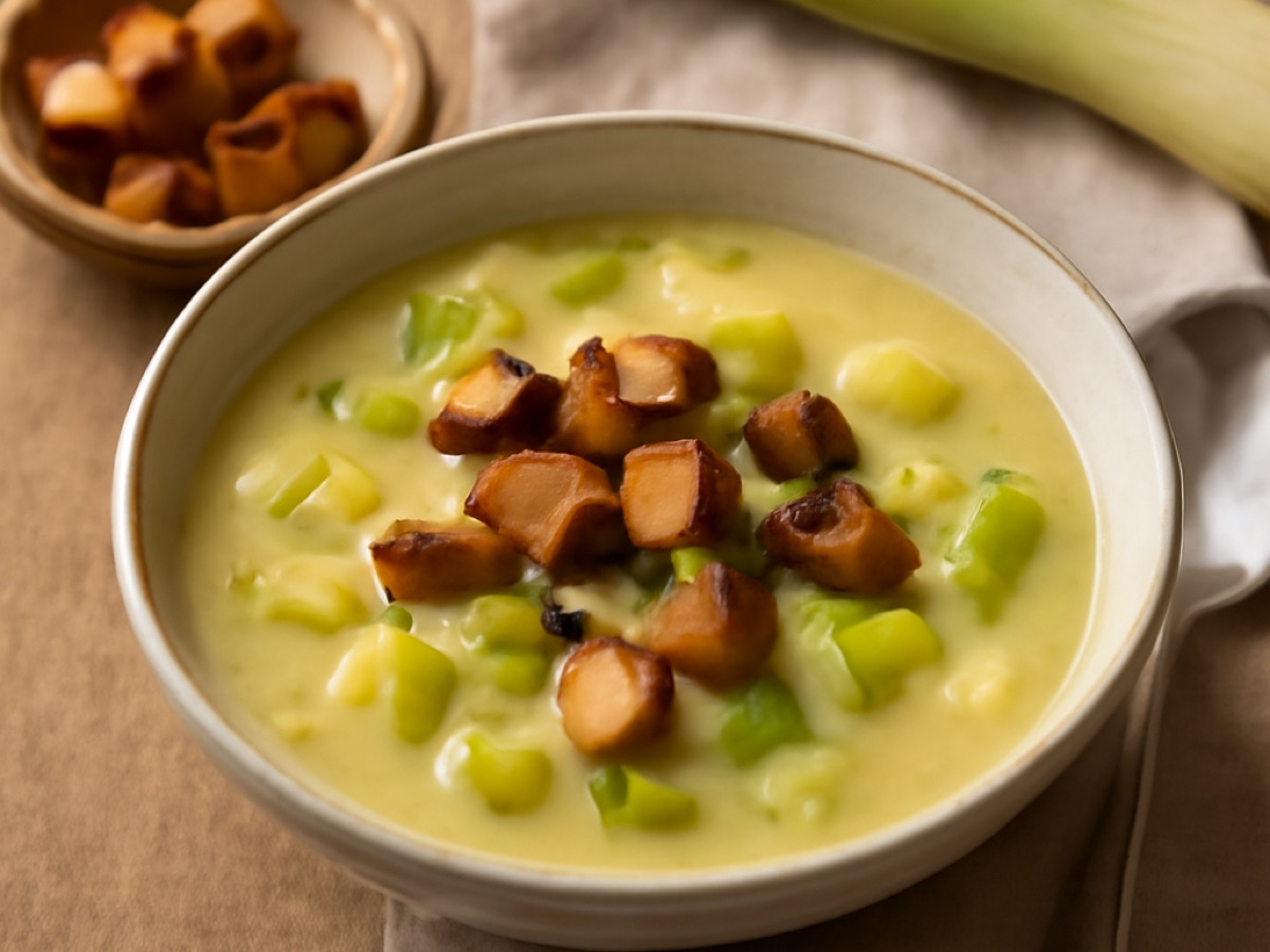 Kartoffel-Lauch-Suppe mit Räuchertofu