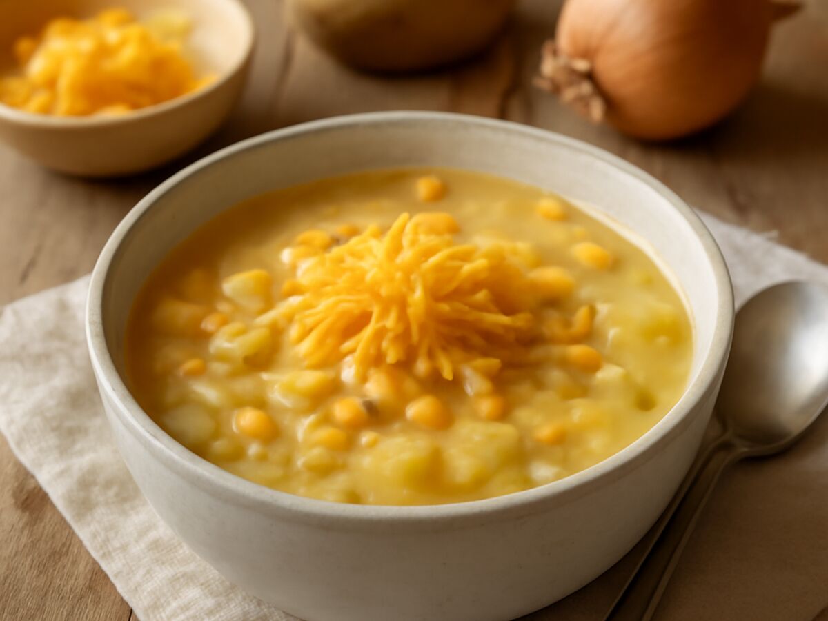 Kartoffel-Mais-Suppe mit Cheddar