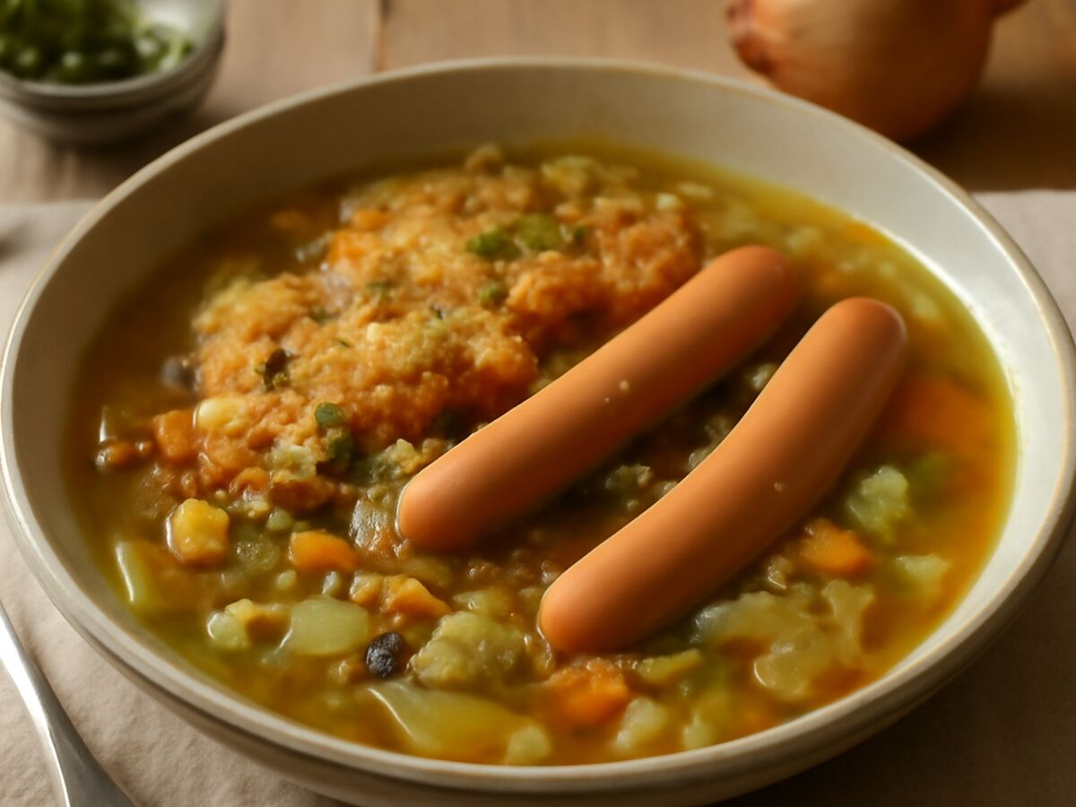 Kartoffel-Puffer-Suppe mit Gemüseresten und Würstchen