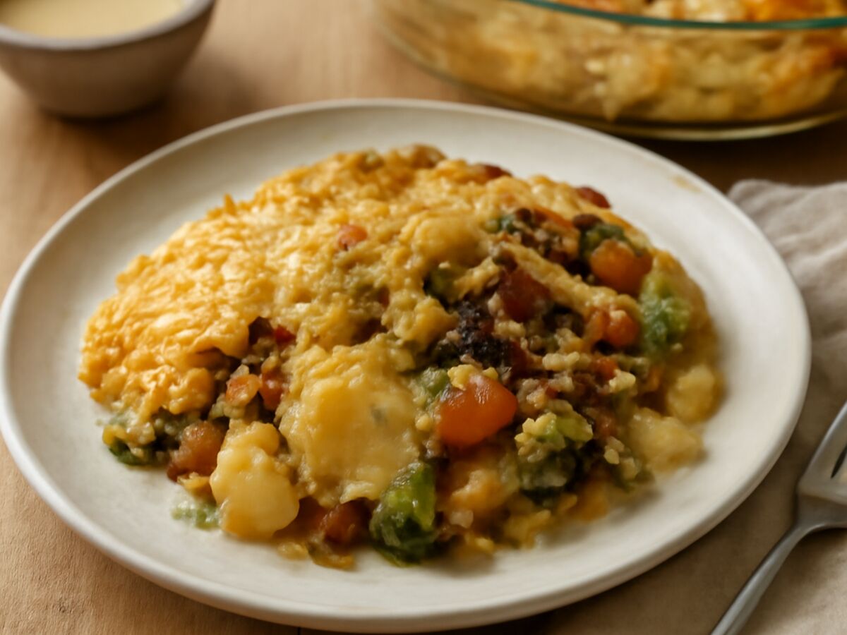 Kartoffelgratin mit Gemüse und Bratenresten