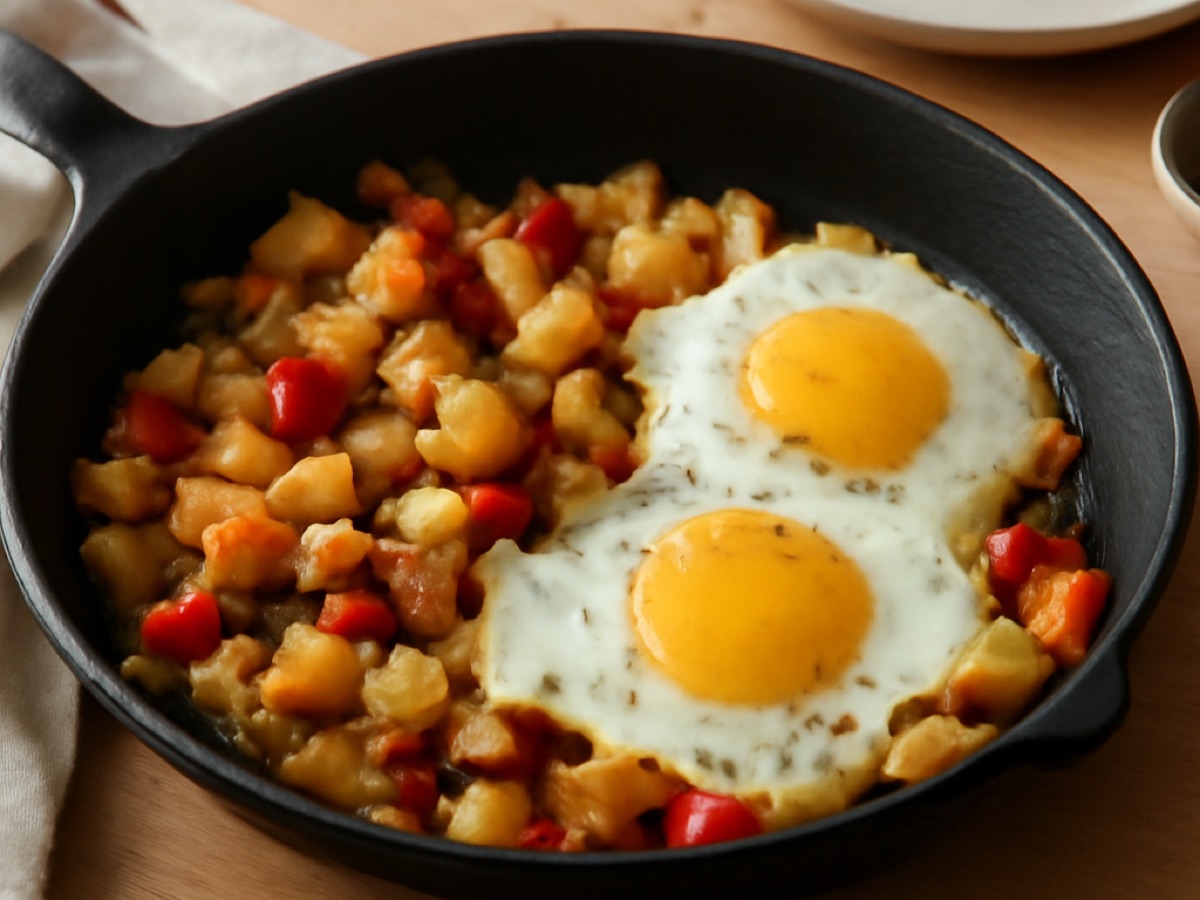 Klassische amerikanische Frühstücks-Pfanne mit Eiern und Kartoffeln