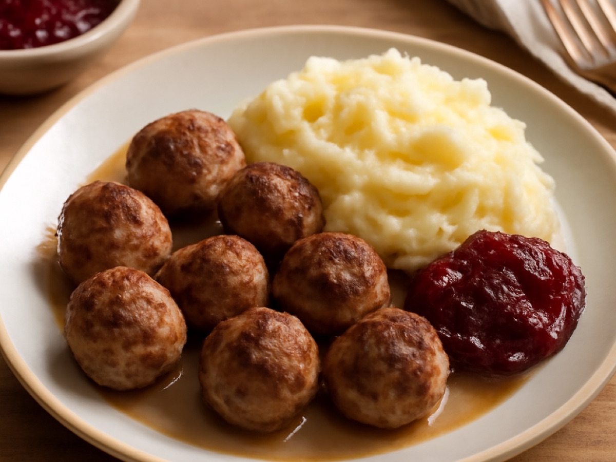Köttbullar mit Preiselbeeren und Kartoffelpüree