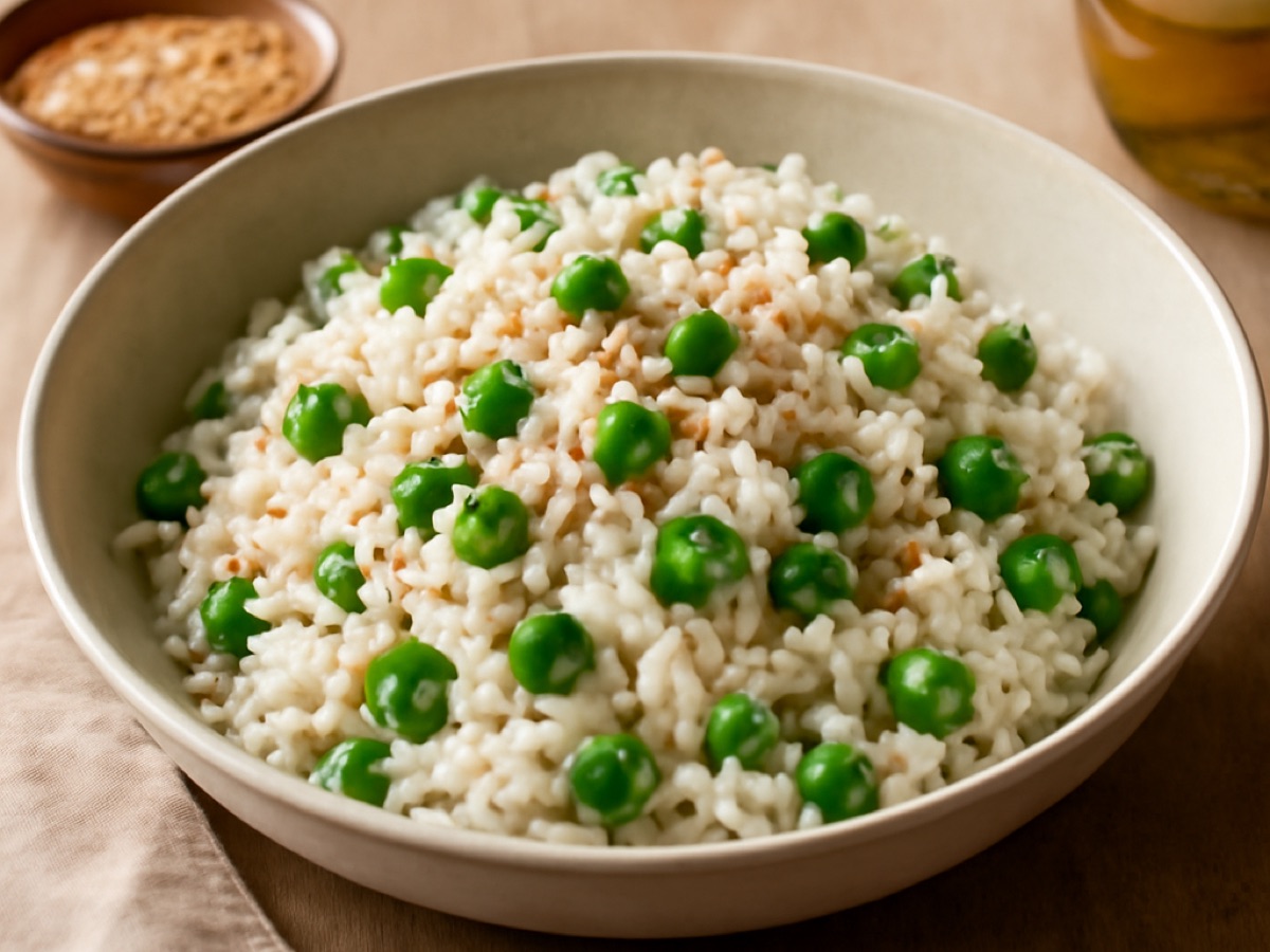 Kokosreis mit Erbsen und geröstetem Sesam