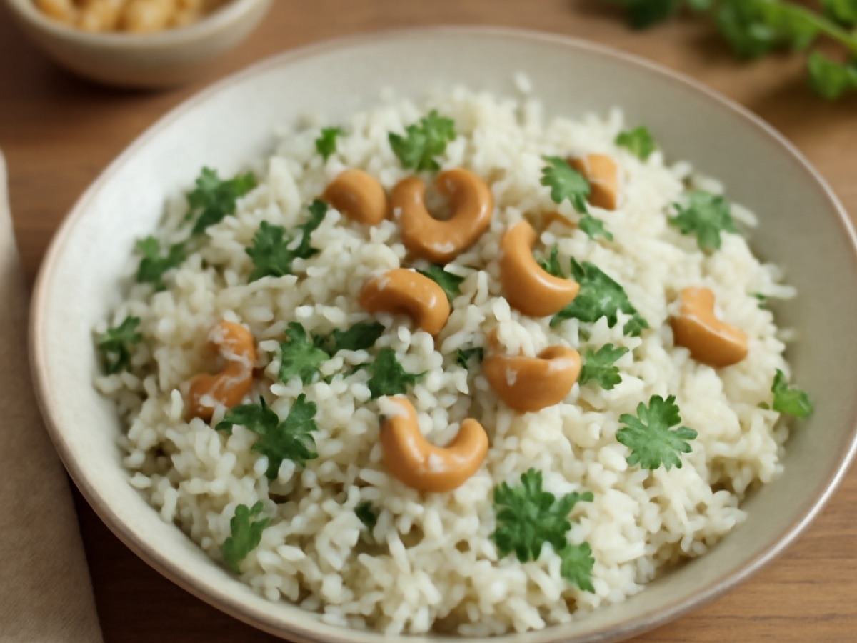 Kokosreis mit Koriander und gerösteten Cashewnüssen