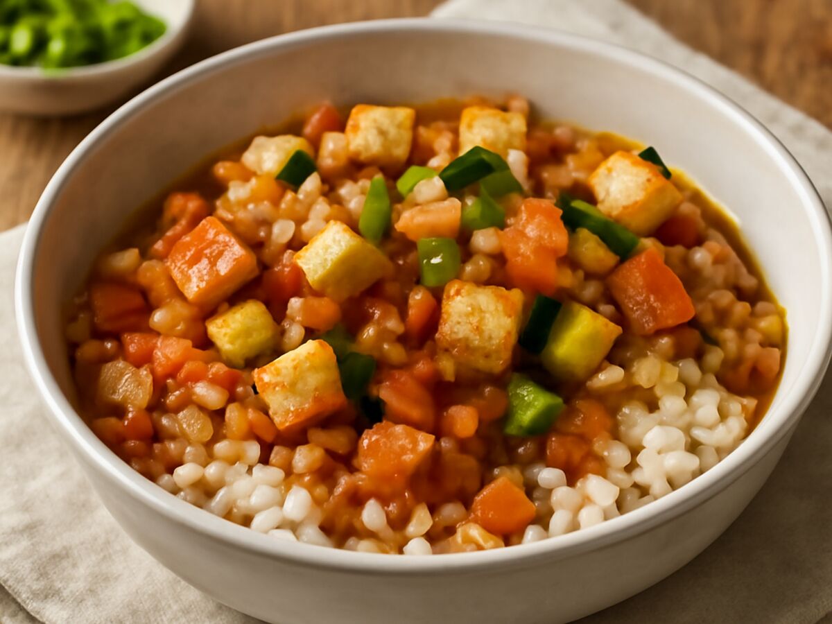 Koreanischer Linsenreis-Eintopf mit Gemüse und Tofu