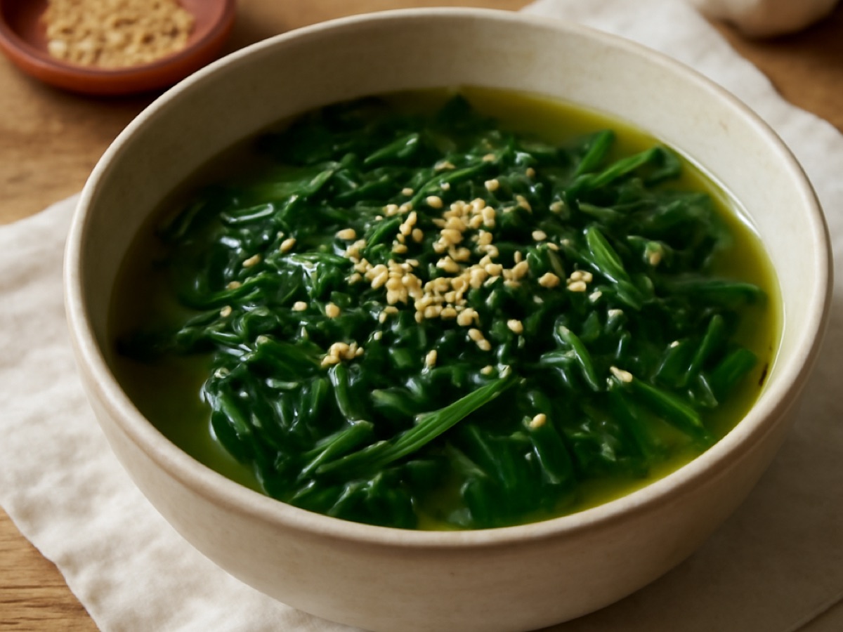Koreanischer Spinat-Eintopf mit Sesam und Knoblauch (Sigeumchi Namul Jjigae)