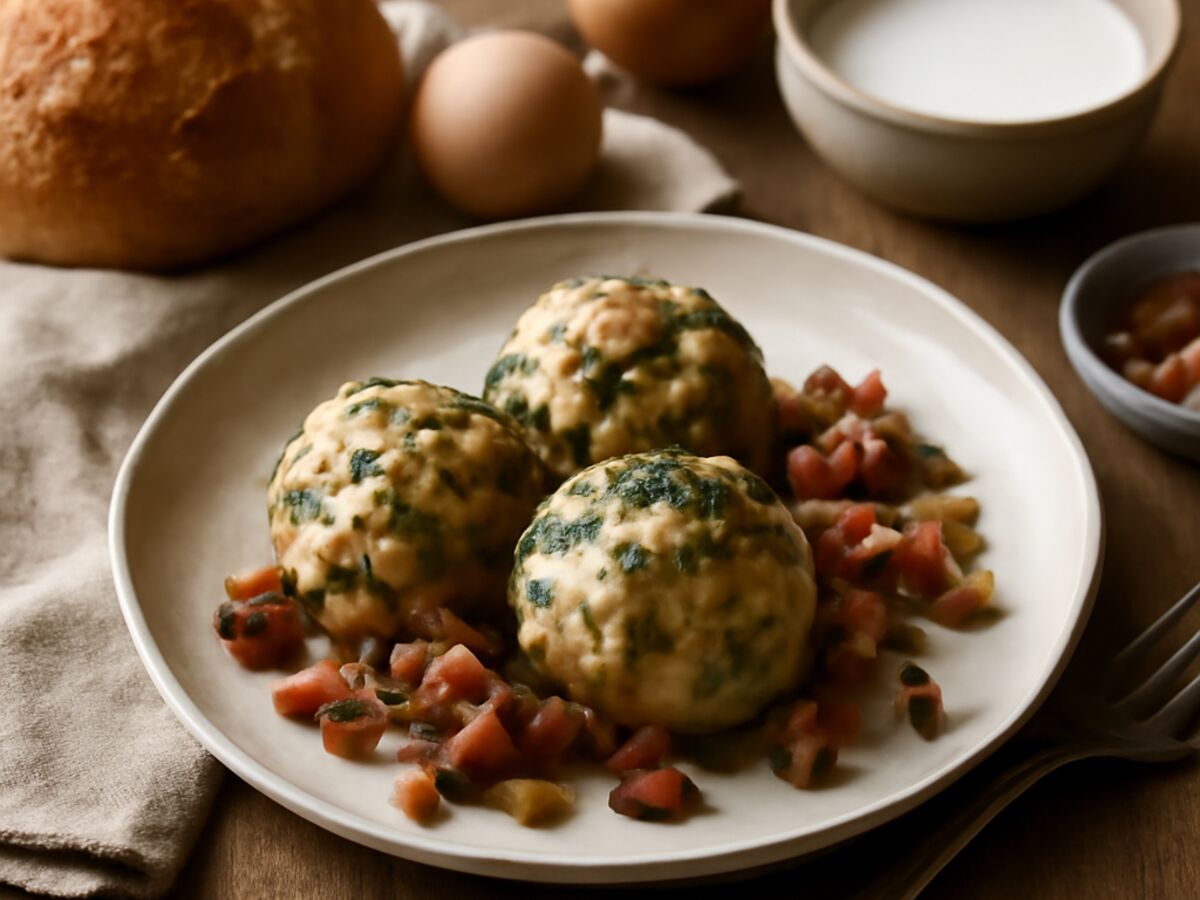 Kräutersemmelknödel mit Speckwürfeln
