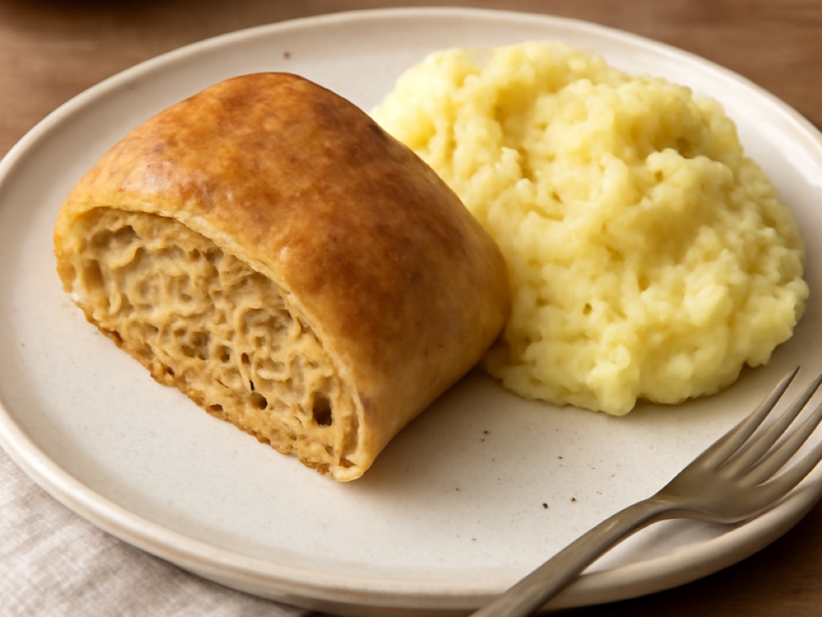 Krautstrudel vegan mit Kartoffelpüree