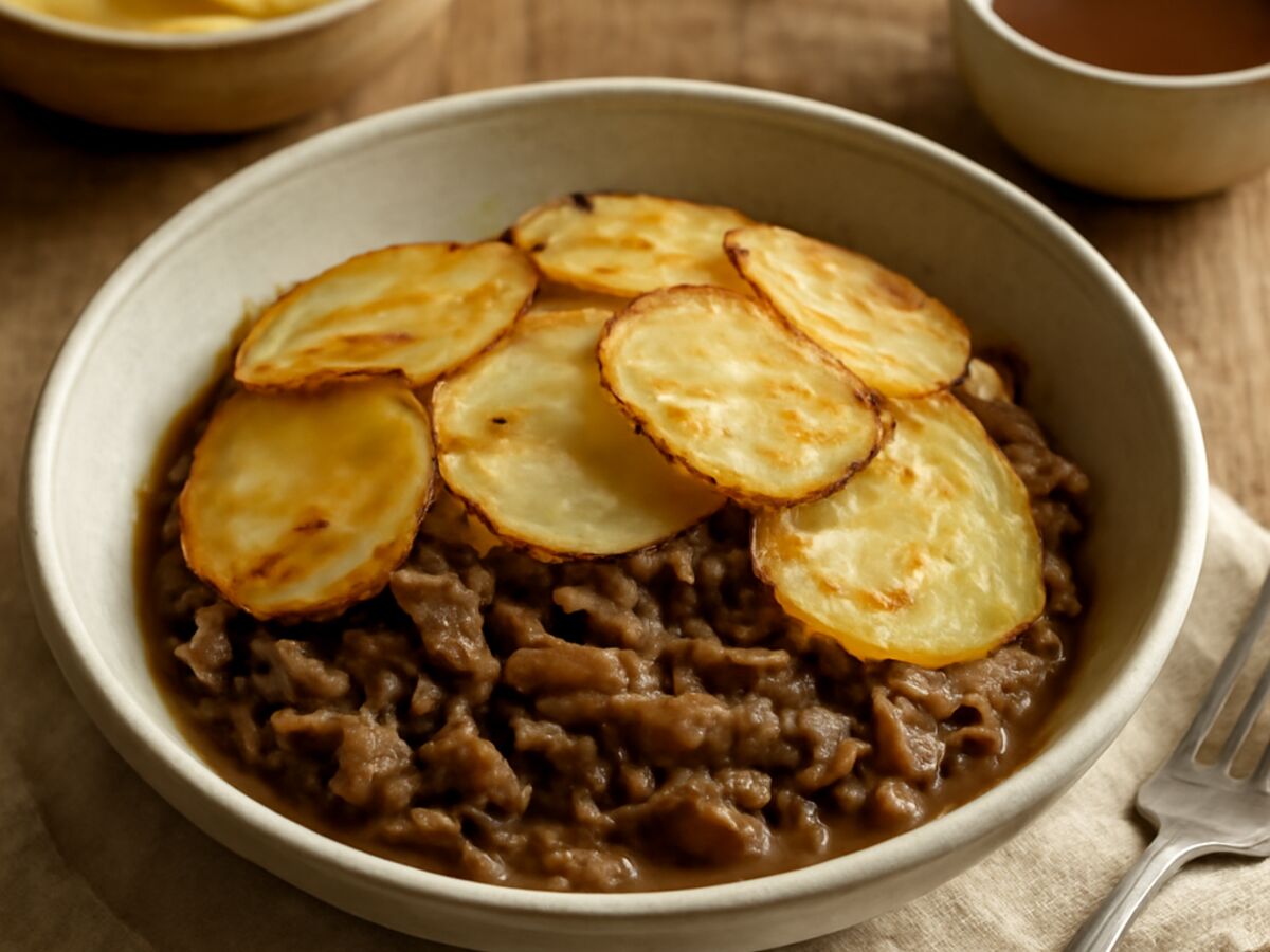 Lancashire Hotpot mit Hackfleisch und Zwiebeln