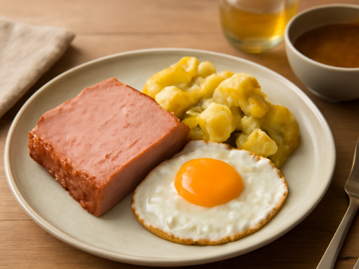 Leberkäse mit Spiegelei und Kartoffelsalat