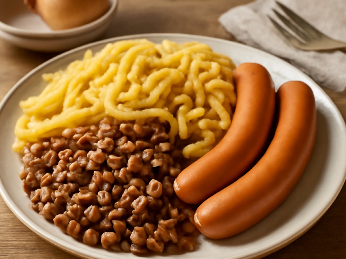 Linsen mit Spätzle und Saitenwürstchen