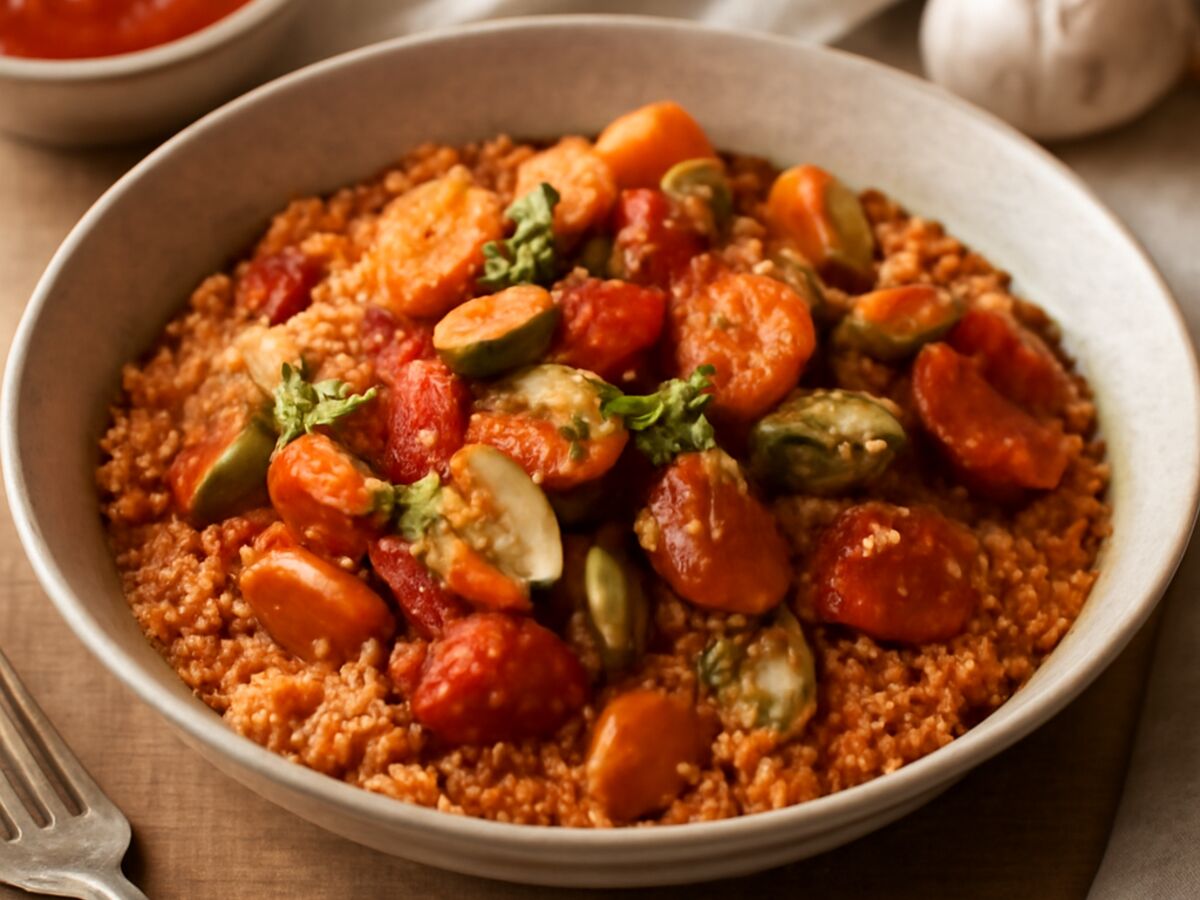 Marokkanische Tomaten-Couscous-Pfanne mit geröstetem Gemüse