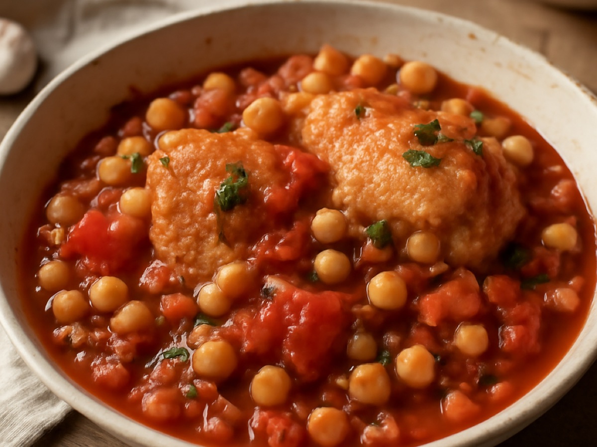 Marokkanischer Eintopf mit Huhn, Tomaten und Kichererbsen