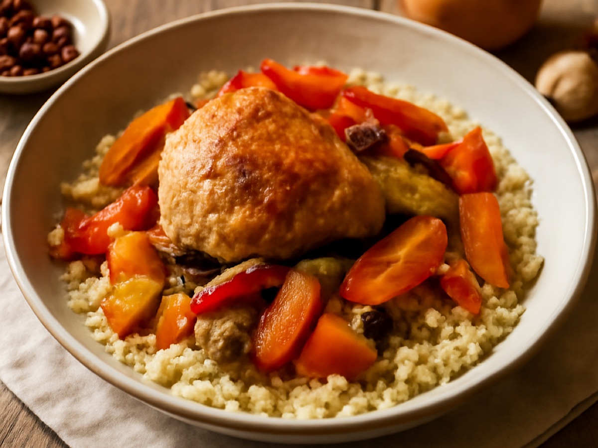Marokkanischer Hähnchen-Couscous mit Gemüse und Rosinen