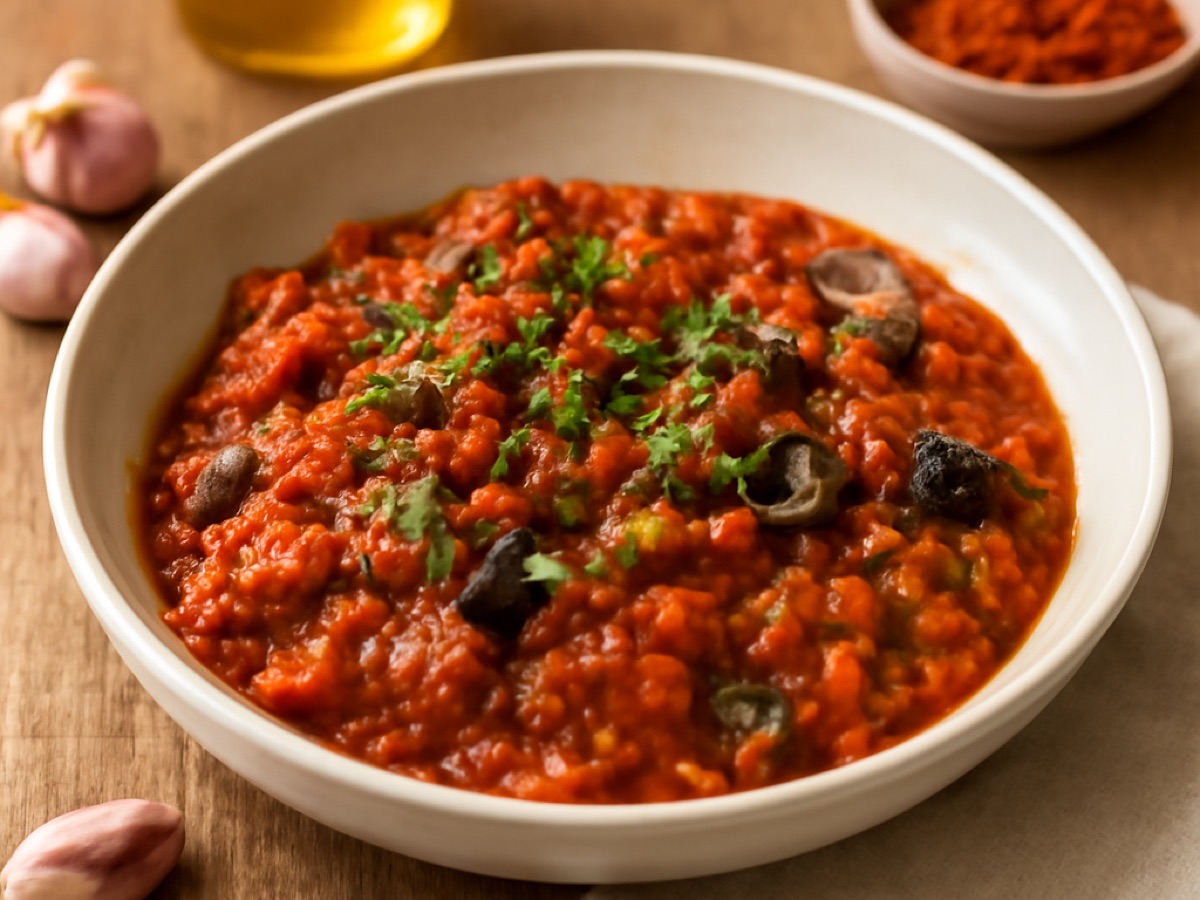Marokkanischer Salat aus gebratenen Auberginen und Tomaten mit Knoblauch (Zaalouk)