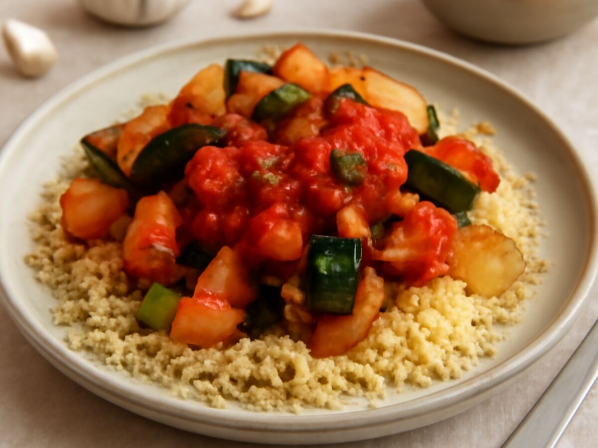 Marokkanisches Couscous mit geröstetem Gemüse und gewürzter Tomatensoße