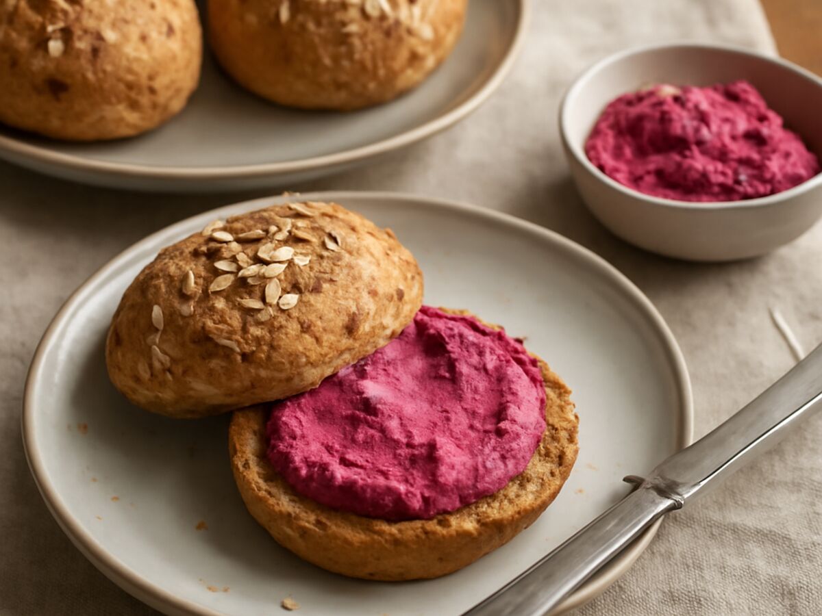 Norddeutsche Haferflocken-Brötchen mit Rote-Bete-Quark-Aufstrich