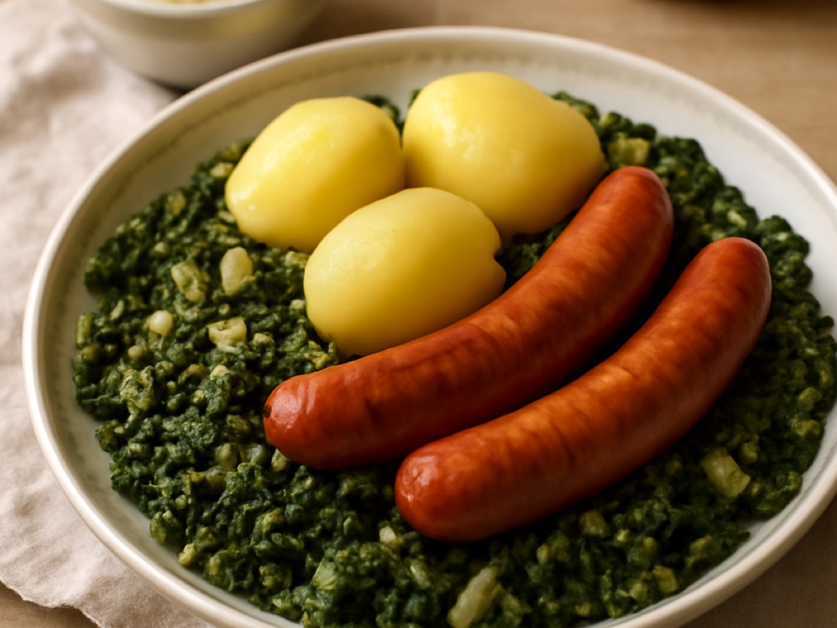 Norddeutscher Grünkohl mit Kartoffeln und Bregenwurst