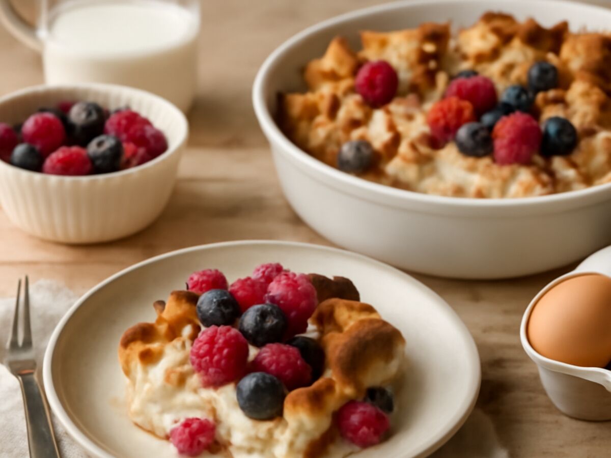 Norddeutscher Milchreis-Auflauf mit altbackenem Brot und Beeren