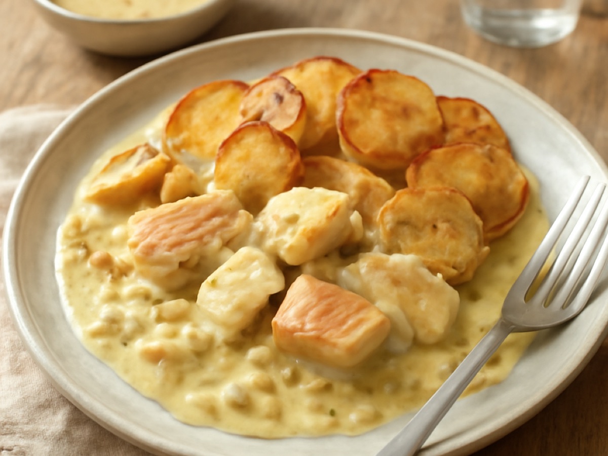Norddeutscher Pannfisch mit Senfsoße und Bratkartoffeln