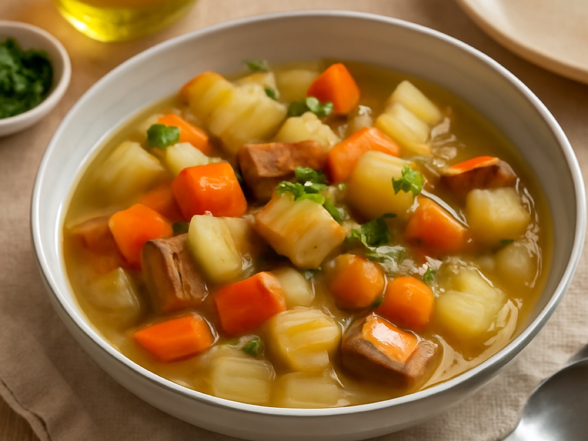 Norddeutscher Steckrübeneintopf mit Karotten und Räuchertofu