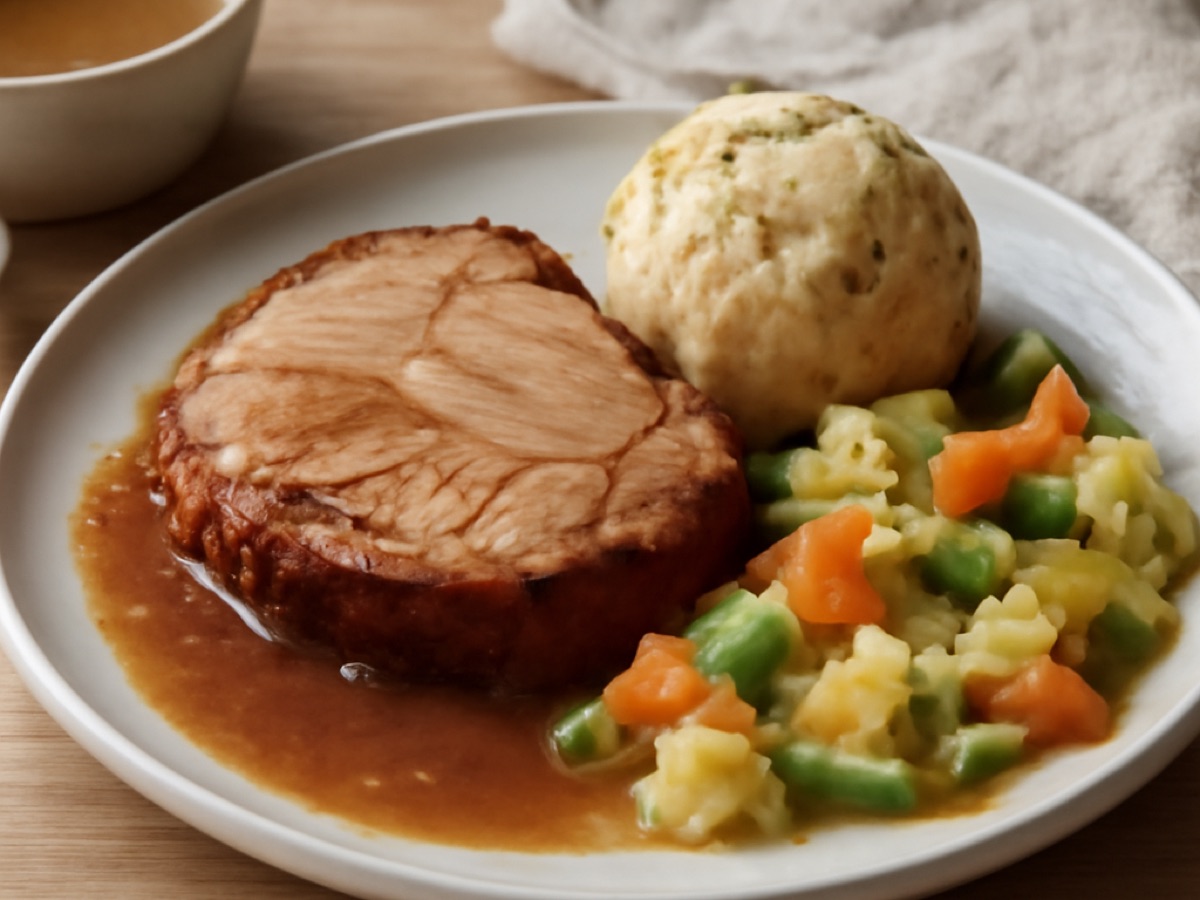 Oberösterreichischer Schweinsbraten mit Knödel und Rahmgemüse