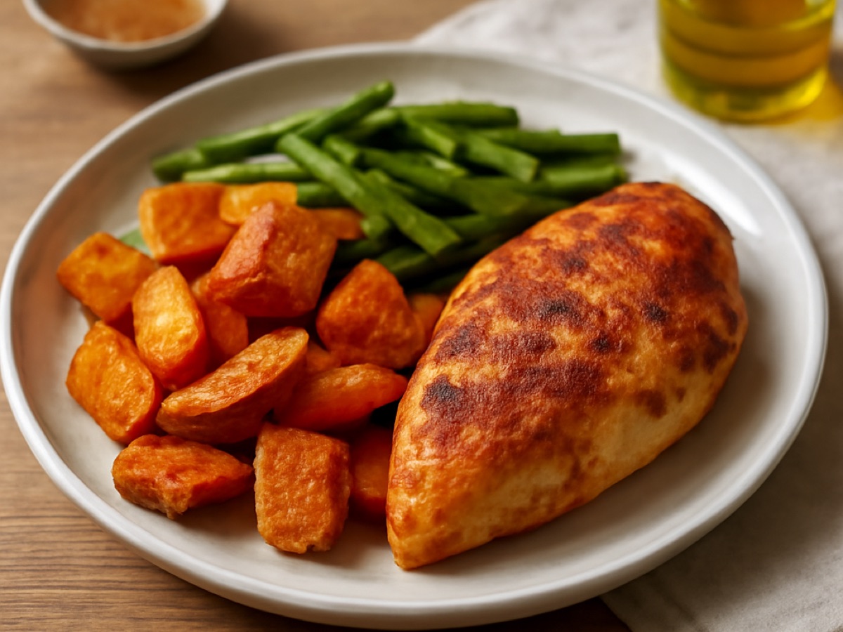 Ofen-Cajun-Hähnchen mit Süßkartoffeln und Bohnen
