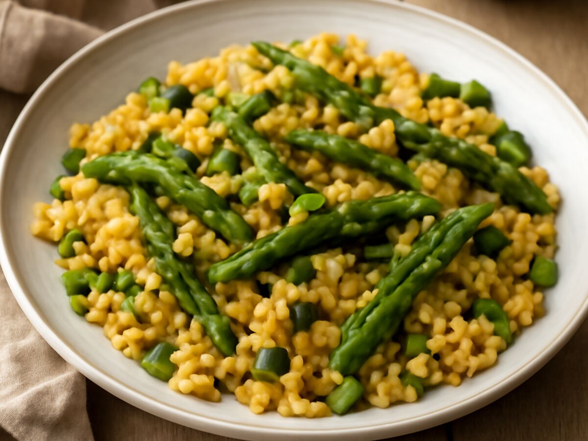 Paella mit grünem Spargel und Erbsen