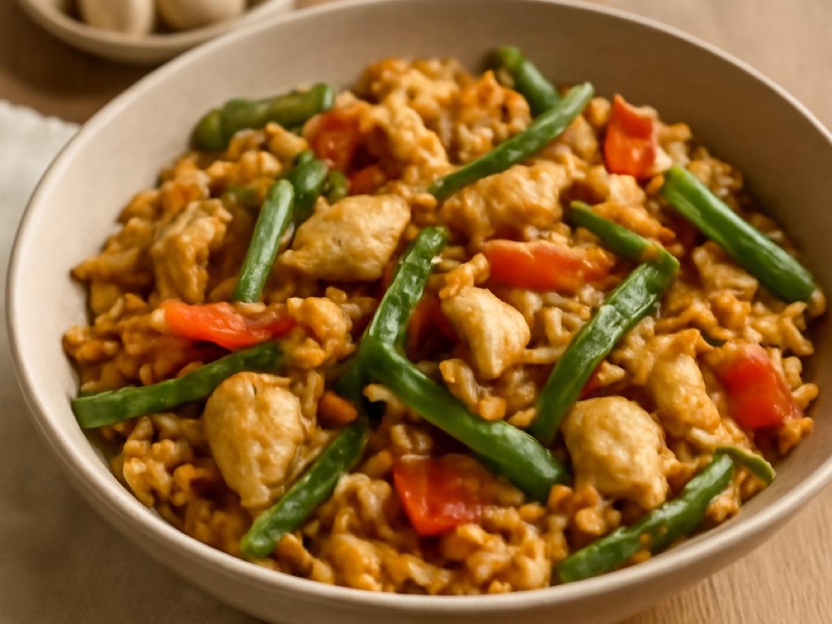 Paella mit Hühnchen und grünen Bohnen
