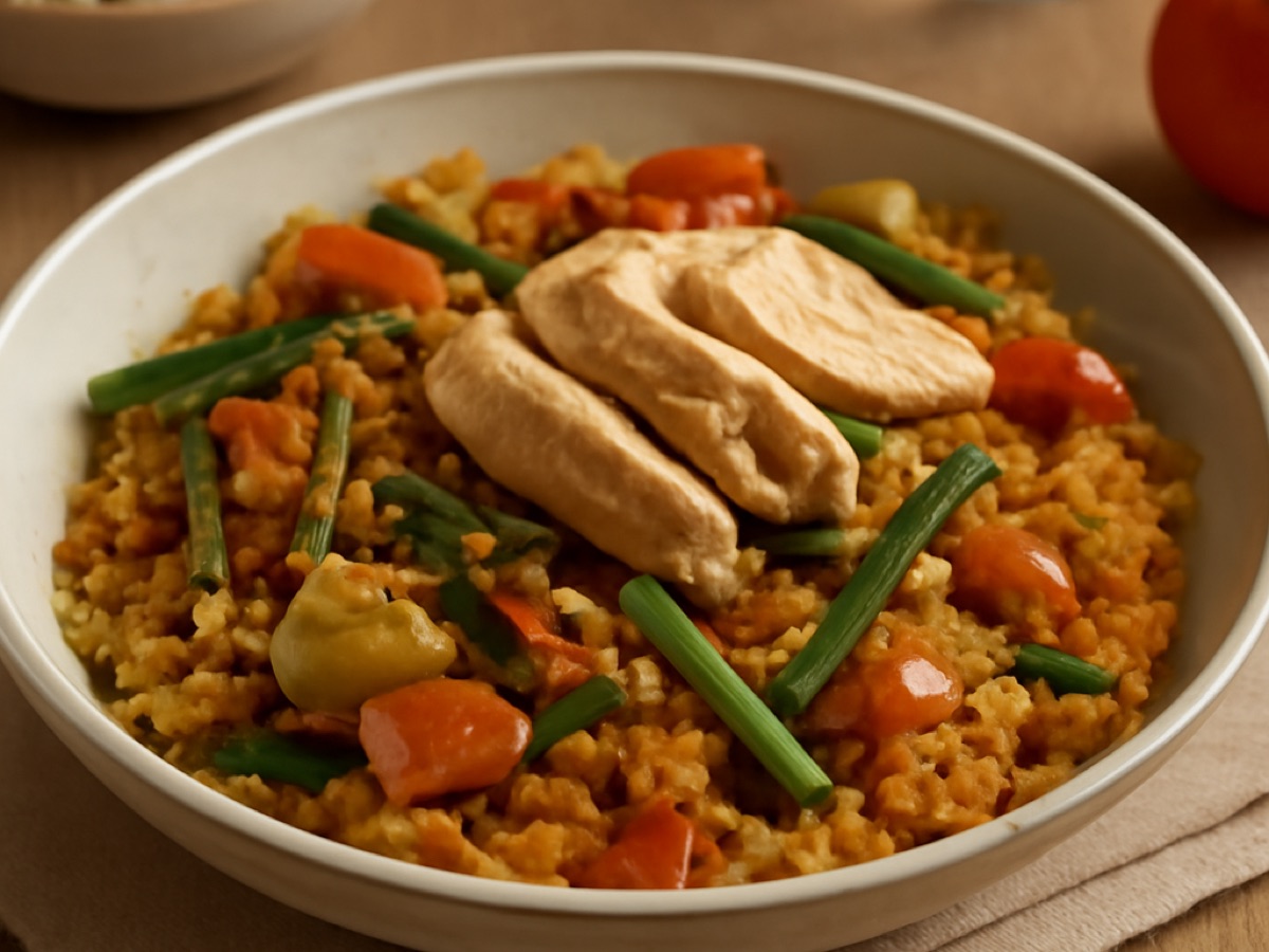 Paella Valenciana mit Hühnchen und Gemüse