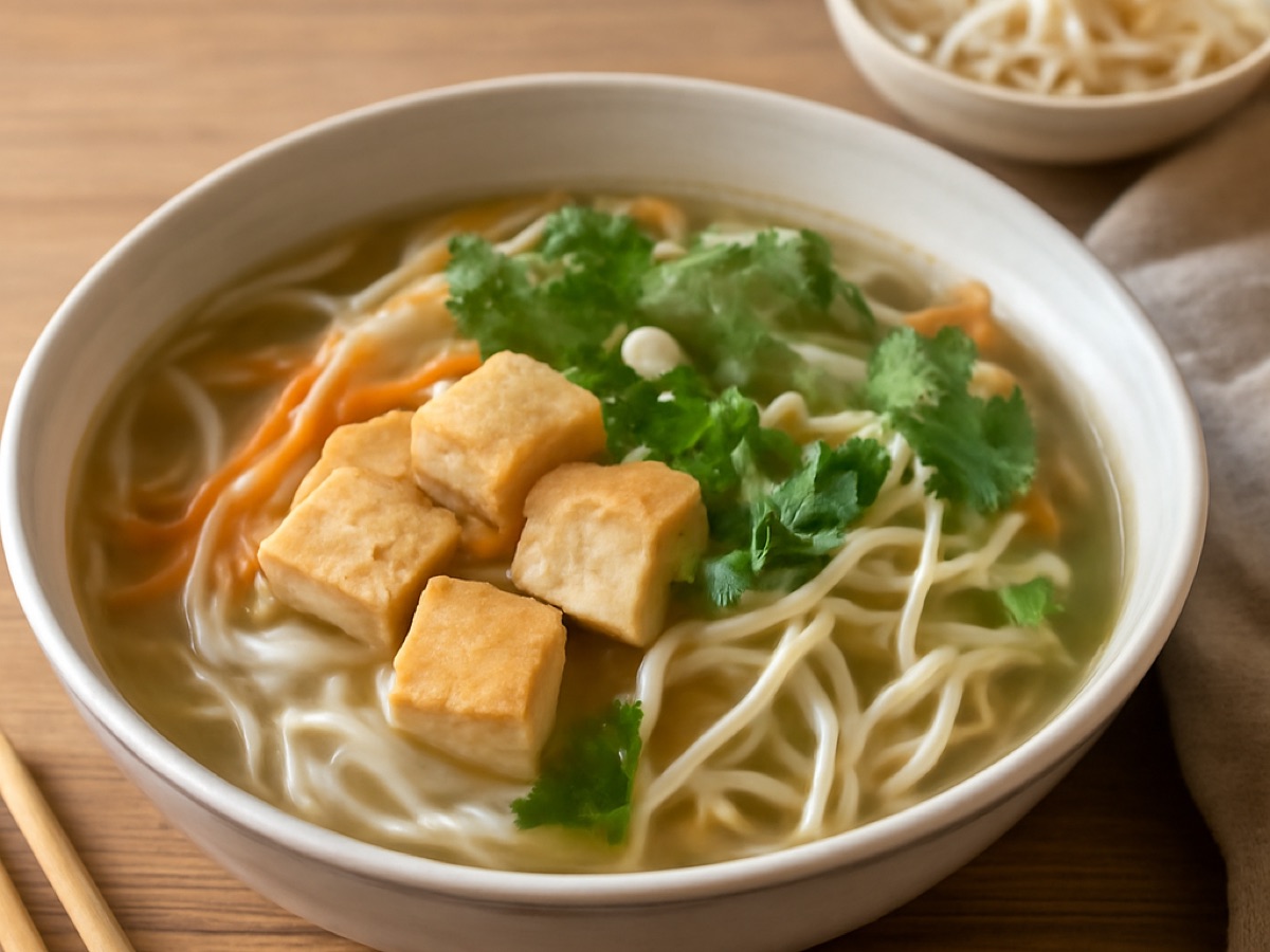 Pho Chay – Vietnamesische vegetarische Reisnudelsuppe mit Tofu und Kräutern