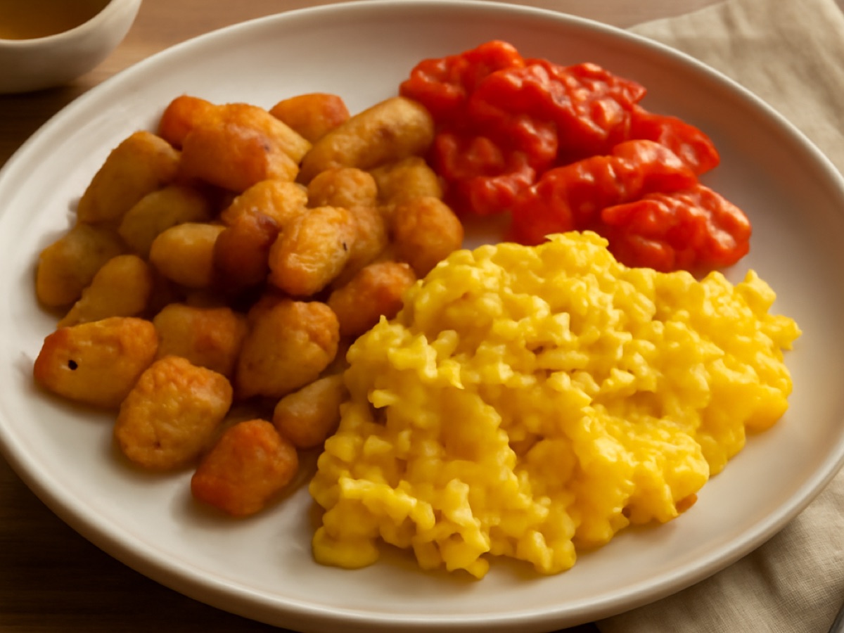 Rührei mit gebratenen Kartoffeln und Tomaten