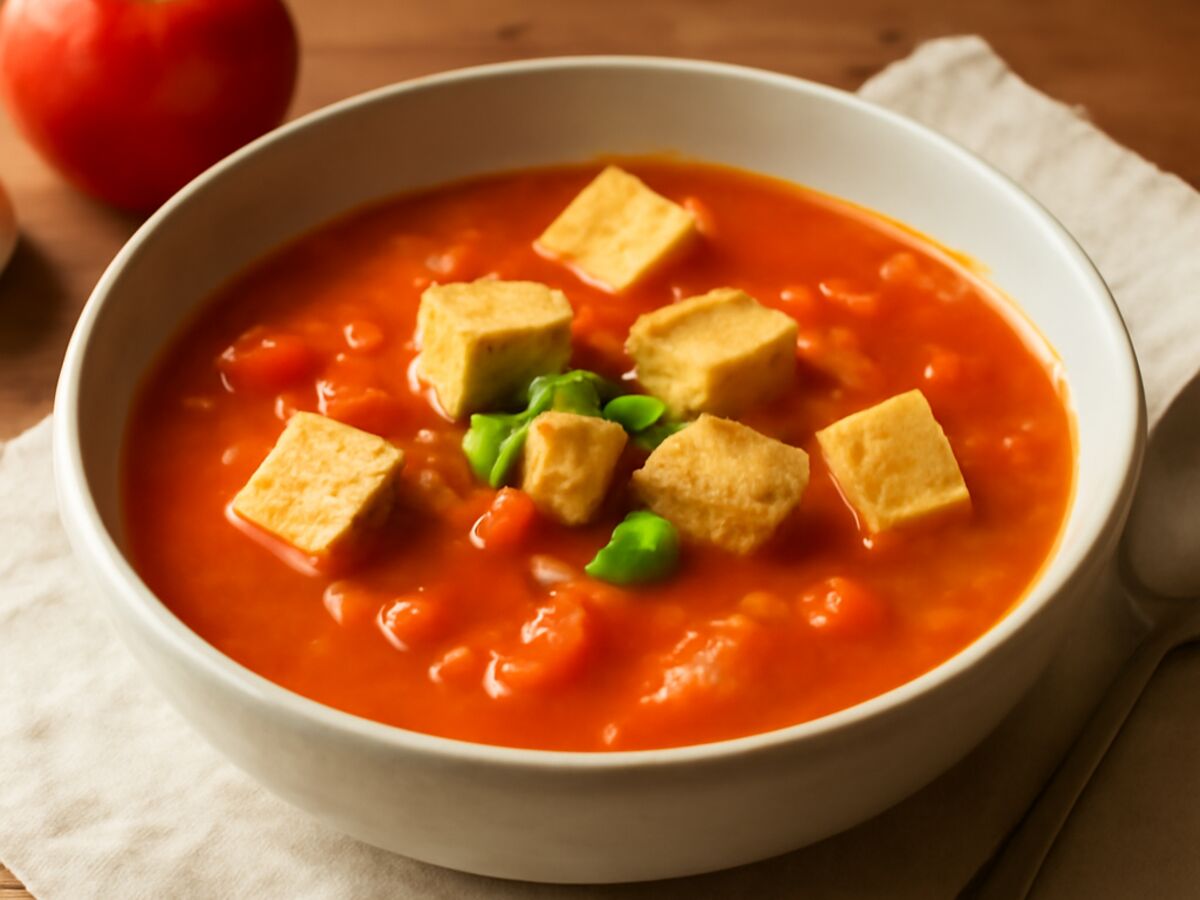 Sauer-scharfe Tomaten-Kokos-Suppe mit Tofu