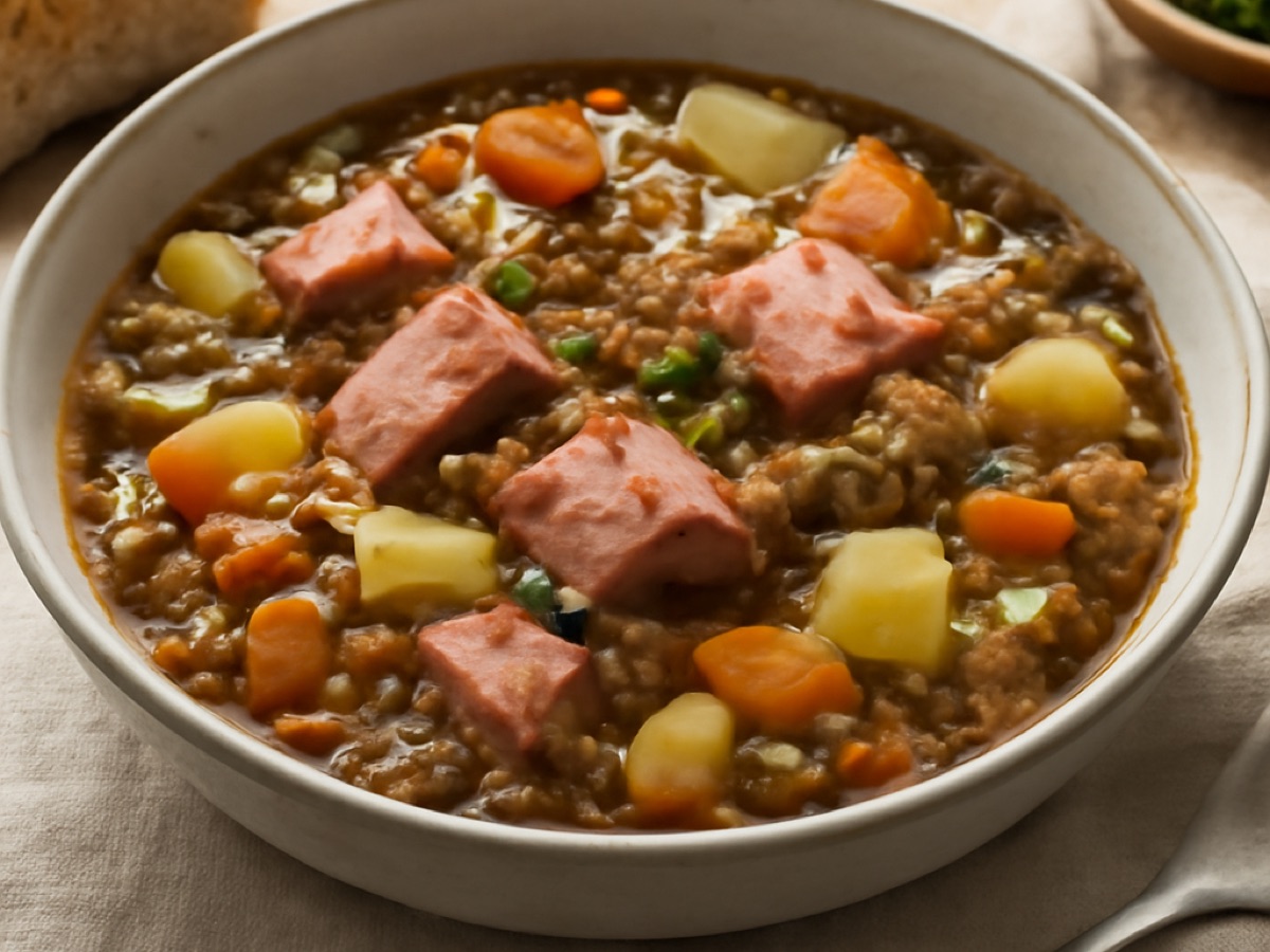 Saure Linsensuppe mit Kassler und Kartoffeln