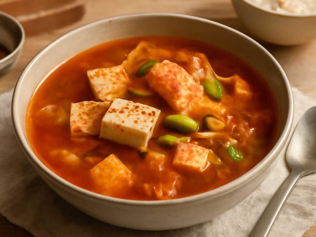 Scharfe Tofu-Kimchi-Suppe mit Miso