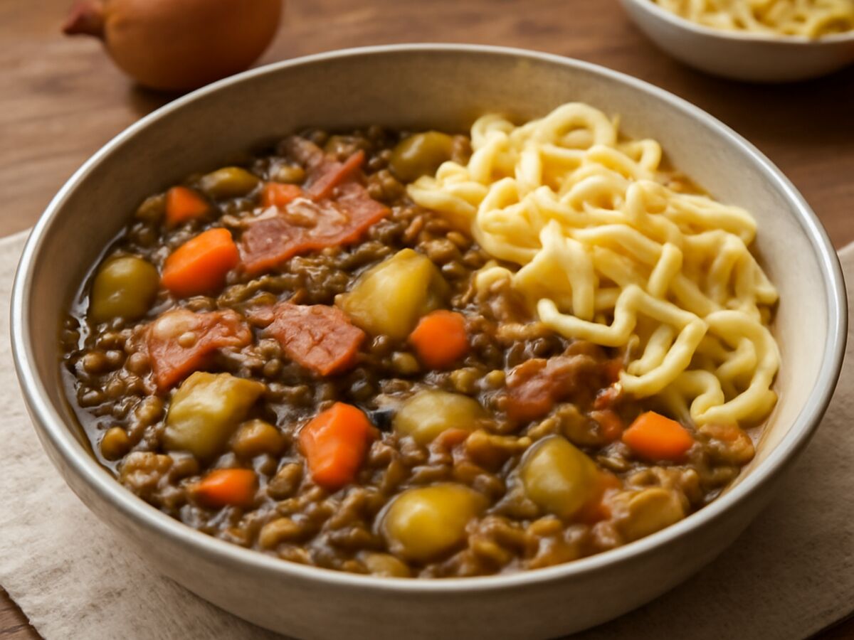 Schwäbischer Linsen-Kartoffel-Eintopf mit Spätzle