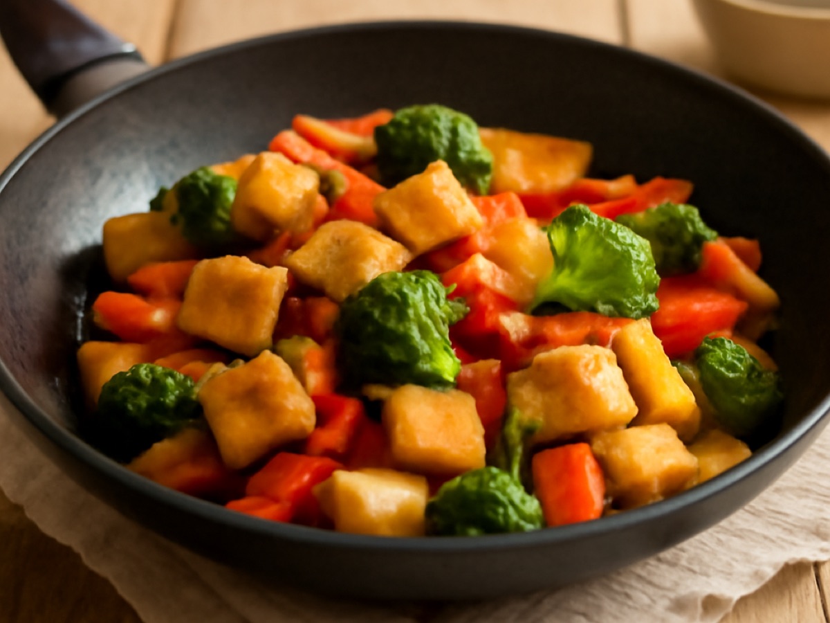 Süß-saures Gemüse mit Tofu im Wok