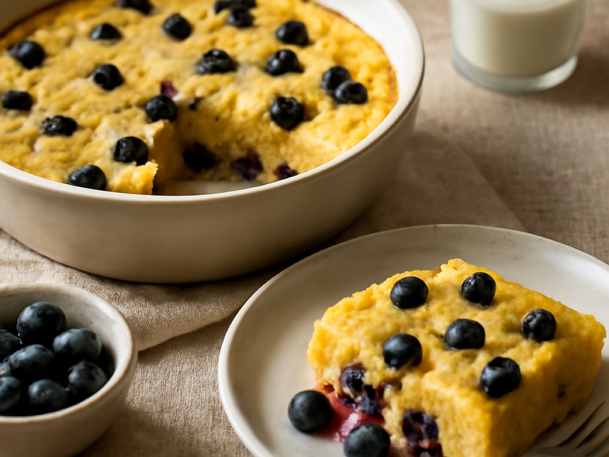 Süßer Maisgrießauflauf mit Blaubeeren
